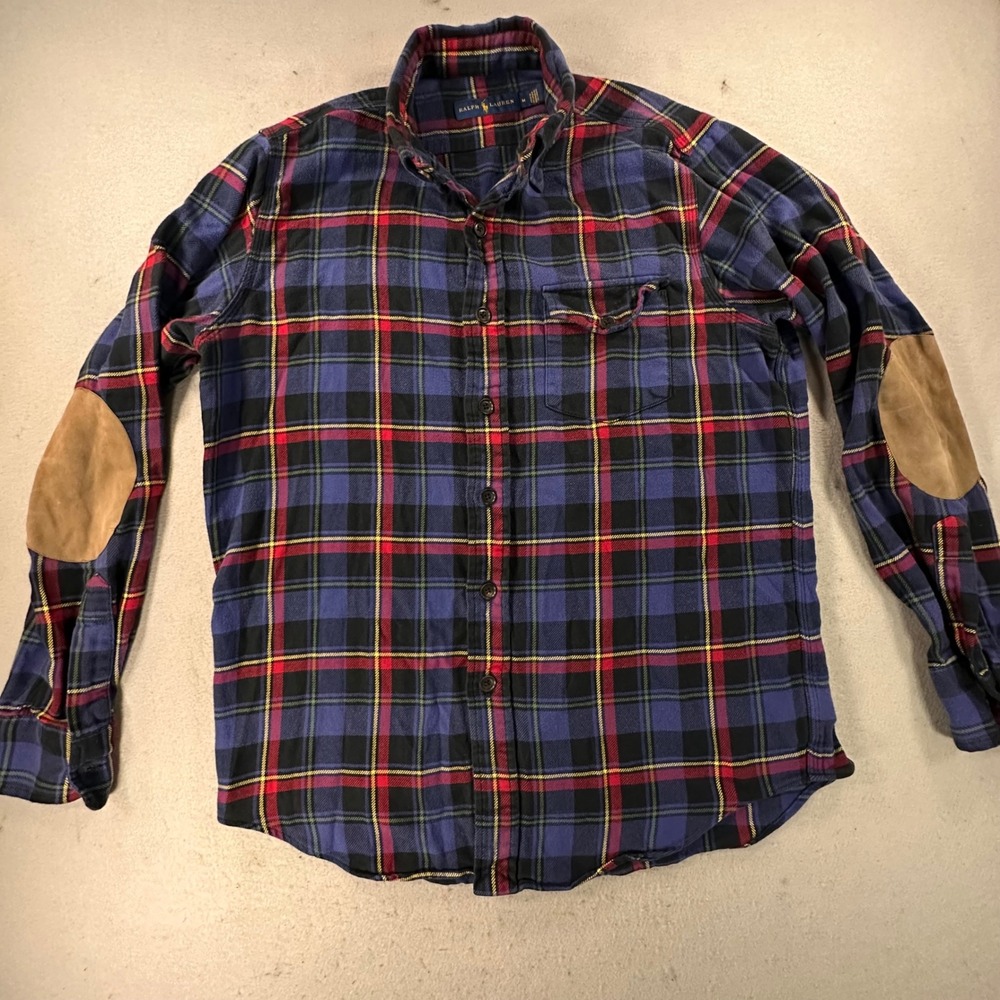 Ralph Lauren Mens Blue Red Plaid Flannel Shirt Elbow Patches Med 710716754001